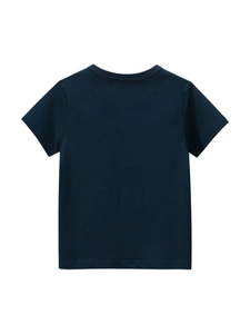Navy blue boys cotton short sleeve t-shirt with classic crew neck shown from the back view