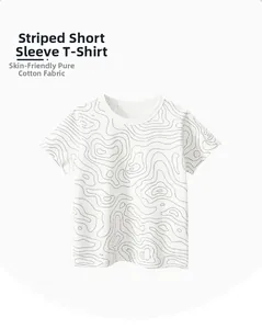 Detailed view of breathable cotton fabric with abstract black wavy lines on white T-shirt
