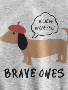Grey fleece sweatshirt for boys featuring a cartoon dachshund and brave ones text print