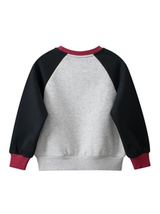 Boys long sleeve sweatshirt in grey and black with burgundy ribbed crew neck