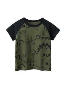 T-shirt raglan da bambino verde oliva con stampe di dinosauri neri in cotone