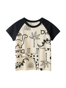 T-shirt raglan da bambino in cotone corpo crema maniche nere e grafiche dinosauri