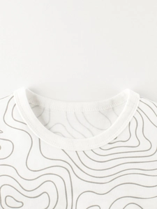 White cotton t-shirt for boys with grey topographic print and round neckline