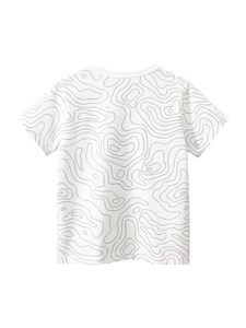 Boys' white round neck short-sleeved T-shirt with grey all-over wavy contour print