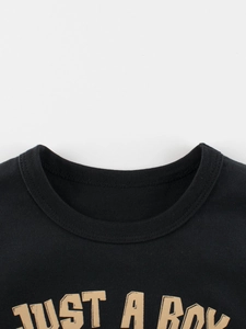 Boys black cotton t-shirt with dinosaur theme JUST A BOY print and ribbed crew neck