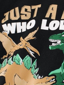 Boys black cotton t-shirt featuring vibrant colorful cartoon dinosaur prints for summer