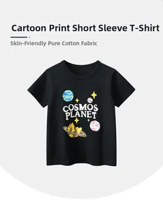 Detailed view of kids cotton t-shirt featuring cosmos planet and star cartoon prints