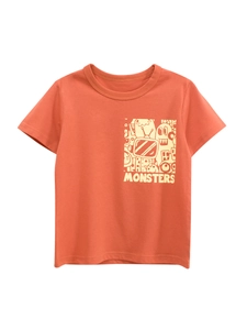 Kids orange short sleeve cotton T-shirt featuring cartoon monster prints and MONSTERS text