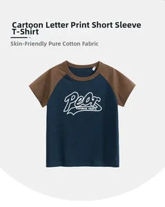 Detail of soft cotton kids' t-shirt with navy and brown contrast raglan sleeves