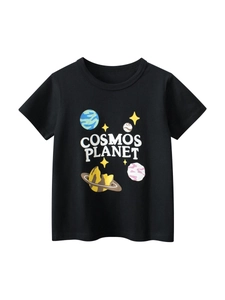 Boys Short Sleeve T-shirt Cotton Space Planet Print Casual Summer Round Neck Top Breathable Black