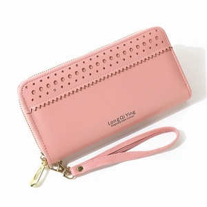 Portefeuille long rose pour femme en simili cuir avec fermeture éclair et dragonne