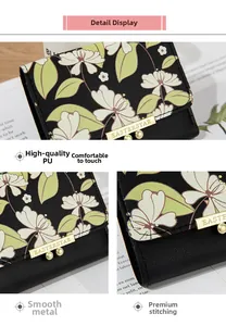 Close-up of black PU leather wallet with white floral patterns and gold metal bar