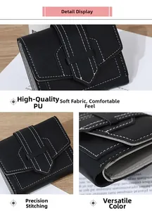 Détail du mini portefeuille en similicuir noir avec des surpiqûres blanches contrastées