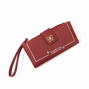 Elegante cartera larga de cuero PU burdeos para mujer con hebilla de mariposa dorada y correa