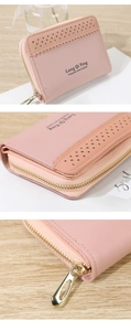 Détails du portefeuille en cuir PU rose avec fermeture éclair et motifs ajourés