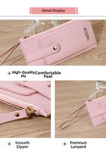 Détail d'un portefeuille long en cuir PU rose avec fentes pour cartes et zip