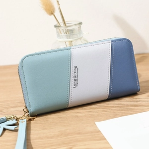 Women Fashion Long Zipper Wallet Contrast Color Block PU Leather Clutch Bag With Hand Strap Tassel Leaf Pendant Phone Holder Card Organizer
