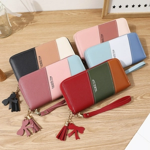 Women long zipper wallet with color contrast patchwork design and stylish tassel charm