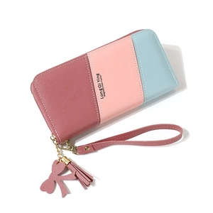 Women long zip-around wallet with tricolor patchwork, tassel charm and wrist strap