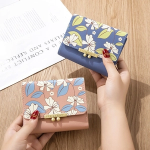 Mini floral PU leather short wallet with metal snap closure in blue and pink colors