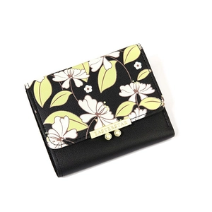 Mini floral short wallet for women featuring black leather and golden flower clasp