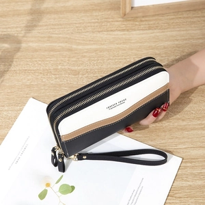 Women Long Wallet PU Leather Litchi Pattern Double Zipper Mobile Phone Clutch Bag With Wrist Strap Patchwork