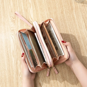 Pink double zipper long wallet with large capacity and wristlet strap for smartphones