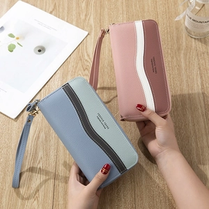 Long dual-zip women's wallet in litchi grain faux leather with detachable wrist strap