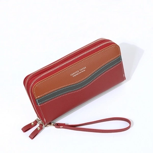 Women's long double zipper wallet with litchi texture and wrist strap in color-block