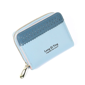 Petit portefeuille femme bicolore bleu en similicuir avec fermeture éclair dorée élégante