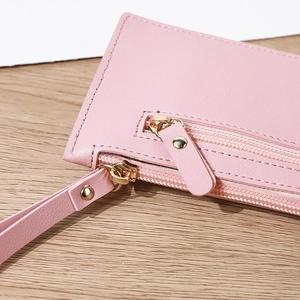Portefeuille long rose en similicuir pour femme avec double fermeture éclair et dragonne