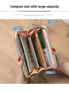 Detailoverzicht van groene PU-lederen portemonnee met vakjes voor pasjes en telefoonvak