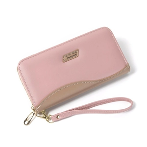 Portafoglio lungo bicolore rosa e beige in pelle sintetica con cinturino e zip dorata