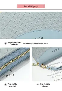 Dettaglio della trama intrecciata su portafoglio lungo in pelle PU azzurra e zip dorata