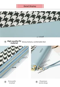Details der PU-Leder-Textur und glatte Metallreißverschlüsse an der Hahnentritt-Brieftasche