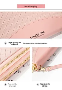 Dettaglio del portafoglio lungo rosa con doppia cerniera e cinturino da polso coordinato