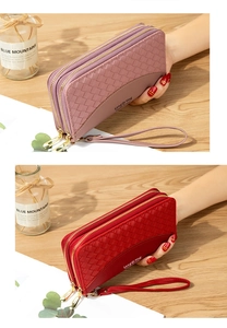 Dettaglio della trama intrecciata e doppia cerniera sul portafoglio lungo rosa da donna