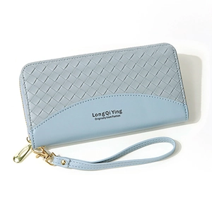 Portafoglio lungo da donna in pelle PU grigio-blu intrecciata con zip dorata e cinturino
