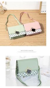 Detail of mint green and pink crossbody bags with geometric pattern and golden buckles