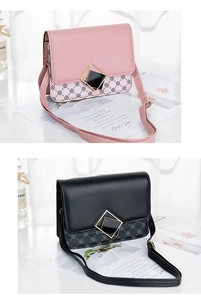 Detail of pink and black crossbody bags featuring geometric prints and metal buckles