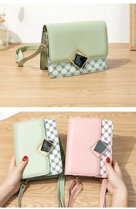Detail of trendy small square flap bag with golden buckle and diamond geometric pattern
