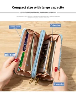 Detail showing inner compartments for cards, cash and smartphone in blue wallet
