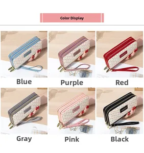 Color display of double zipper long wallets in blue, purple, red, grey, pink, and black
