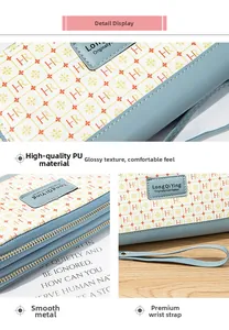 Detail of light blue PU leather wallet featuring double zippers and floral letter prints