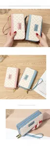 Detail of long double-zipper wristlet wallet with floral patterns and letter prints