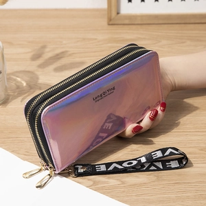 Portafoglio Lungo da Donna Doppia Cerniera Olografica Laser Borsa per Smartphone Grande Capacità Clutch Con Cinturino in Pelle PU