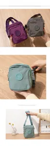 Detail of waterproof nylon crossbody phone bags in purple, dark grey and cyan colors