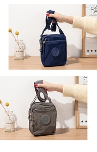 Detail of multi-layer zipper compartments on nylon crossbody bags in blue and grey