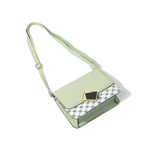 Mint green crossbody phone bag with geometric pattern and golden square metal buckle