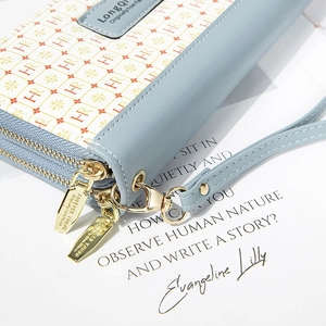 Women's light blue long double-zipper wallet with letters pattern and wrist strap